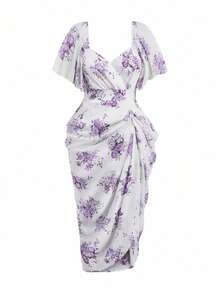 Sweetra Plus Size Women's Square Neck Floral Print Chiffon Ruffle Hem Short Sleeve Elegant Vintage Cute Holiday Romantic Midi Skater Dress - Purple - View 7
