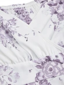 Sweetra Plus Size Women's Square Neck Floral Print Chiffon Ruffle Hem Short Sleeve Elegant Vintage Cute Holiday Romantic Midi Skater Dress - Purple - View 3