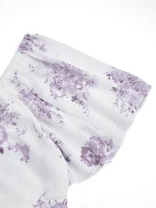 Sweetra Plus Size Women's Square Neck Floral Print Chiffon Ruffle Hem Short Sleeve Elegant Vintage Cute Holiday Romantic Midi Skater Dress - Purple - View 5