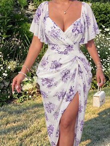 Sweetra Plus Size Women's Square Neck Floral Print Chiffon Ruffle Hem Short Sleeve Elegant Vintage Cute Holiday Romantic Midi Skater Dress - Purple - View 1