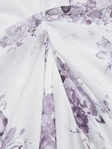 Sweetra Plus Size Women's Square Neck Floral Print Chiffon Ruffle Hem Short Sleeve Elegant Vintage Cute Holiday Romantic Midi Skater Dress - Purple - View 4