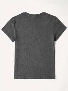 SHEIN LUNE Coffee Skull Girl Lettered Print Round-Neck Short Sleeved T-Shirt - Dark Grey - View 2