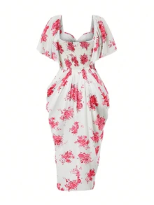 Sweetra Plus Size Women's Square Neck Floral Print Chiffon Ruffle Hem Short Sleeve Elegant Vintage Cute Holiday Romantic Midi Flare Dress - Red - View 2
