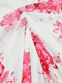 Sweetra Plus Size Women's Square Neck Floral Print Chiffon Ruffle Hem Short Sleeve Elegant Vintage Cute Holiday Romantic Midi Flare Dress - Red - View 6