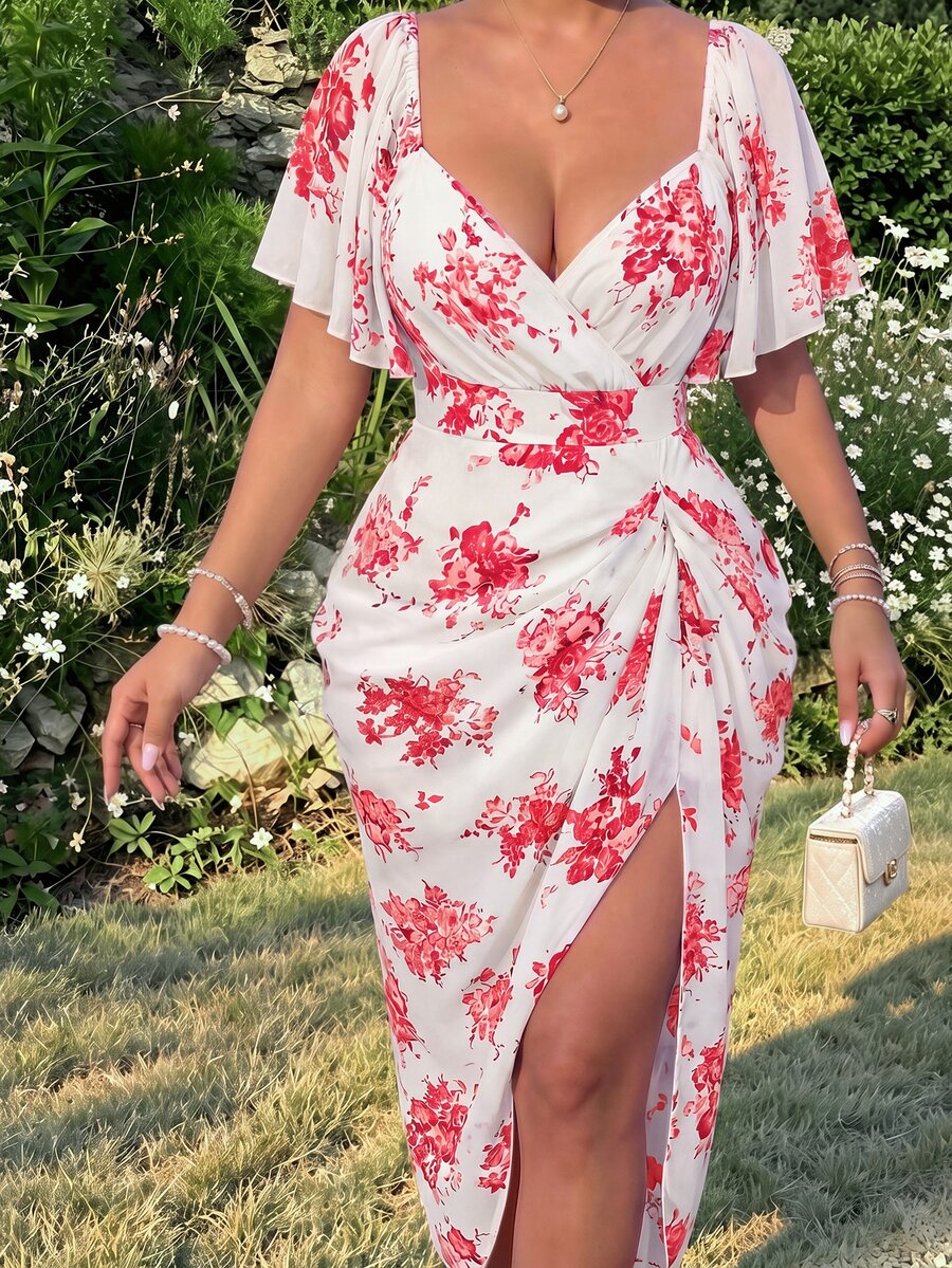 Sweetra Plus Size Women's Square Neck Floral Print Chiffon Ruffle Hem Short Sleeve Elegant Vintage Cute Holiday Romantic Midi Flare Dress - Red - View 1
