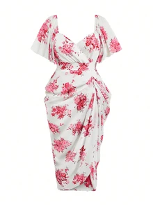 Sweetra Plus Size Women's Square Neck Floral Print Chiffon Ruffle Hem Short Sleeve Elegant Vintage Cute Holiday Romantic Midi Flare Dress - Red - View 3