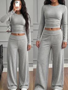 SHEIN 青少年女孩 2件/套休閒純色修身上衣與喇叭褲套裝，秋冬/四季穿著 - 灰色 - 查看 2