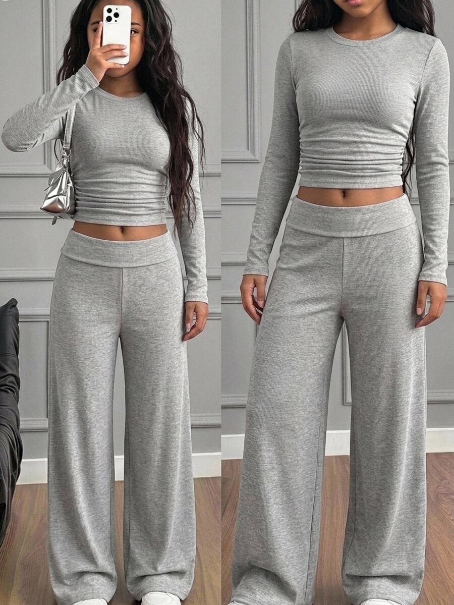SHEIN Tween Girls 2pcs/Set Casual Tween Girl Solid Color Fitted Top And Flare Pants Outfit, Autumn/Winter/All Season Wear - Grey - View 1