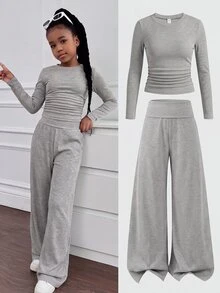 SHEIN 青少年女孩 2件/套休閒純色修身上衣與喇叭褲套裝，秋冬/四季穿著 - 灰色 - 查看 4