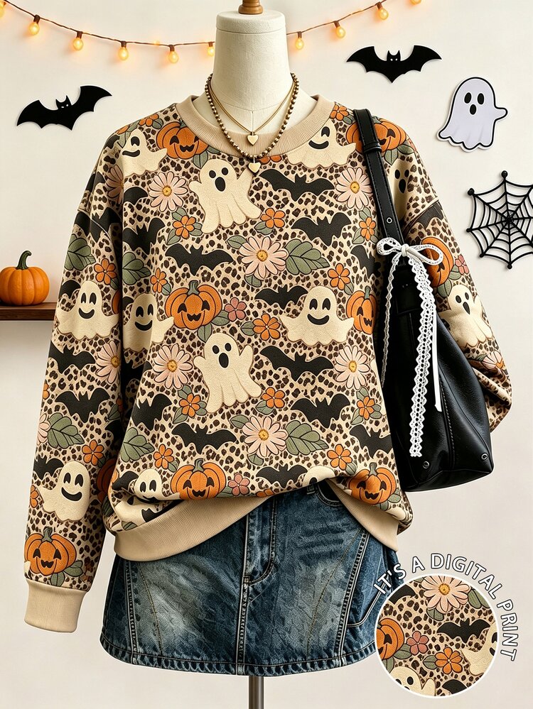 Lalippa Sweatshirt Wanita Kasual Leher Bulat Longgar Motif Hantu Leopard Vintage Amerika Halloween. - MultiWarna - View 1