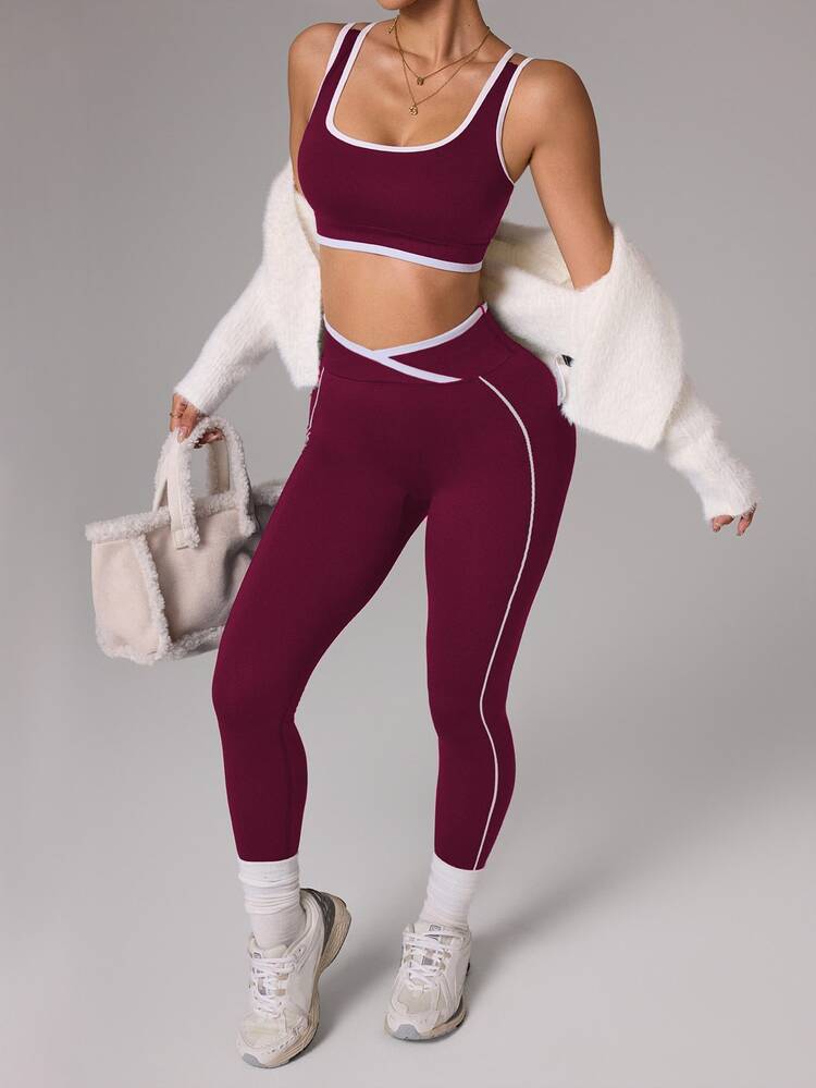 Slayform Slayform Seamless High Elasticity Women 2 Pieces Sport Set White And Burgundy, Summer Athleisure Gym Yoga Leggings And Crop Top Matching Workout Outfits - Burgundy - View 6