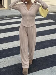 青少年女孩兩件套：淡黃色毛絨連帽上衣與寬腿長褲套裝，適合春夏日常穿著及秋冬穿搭 - 黃色 - 查看 7