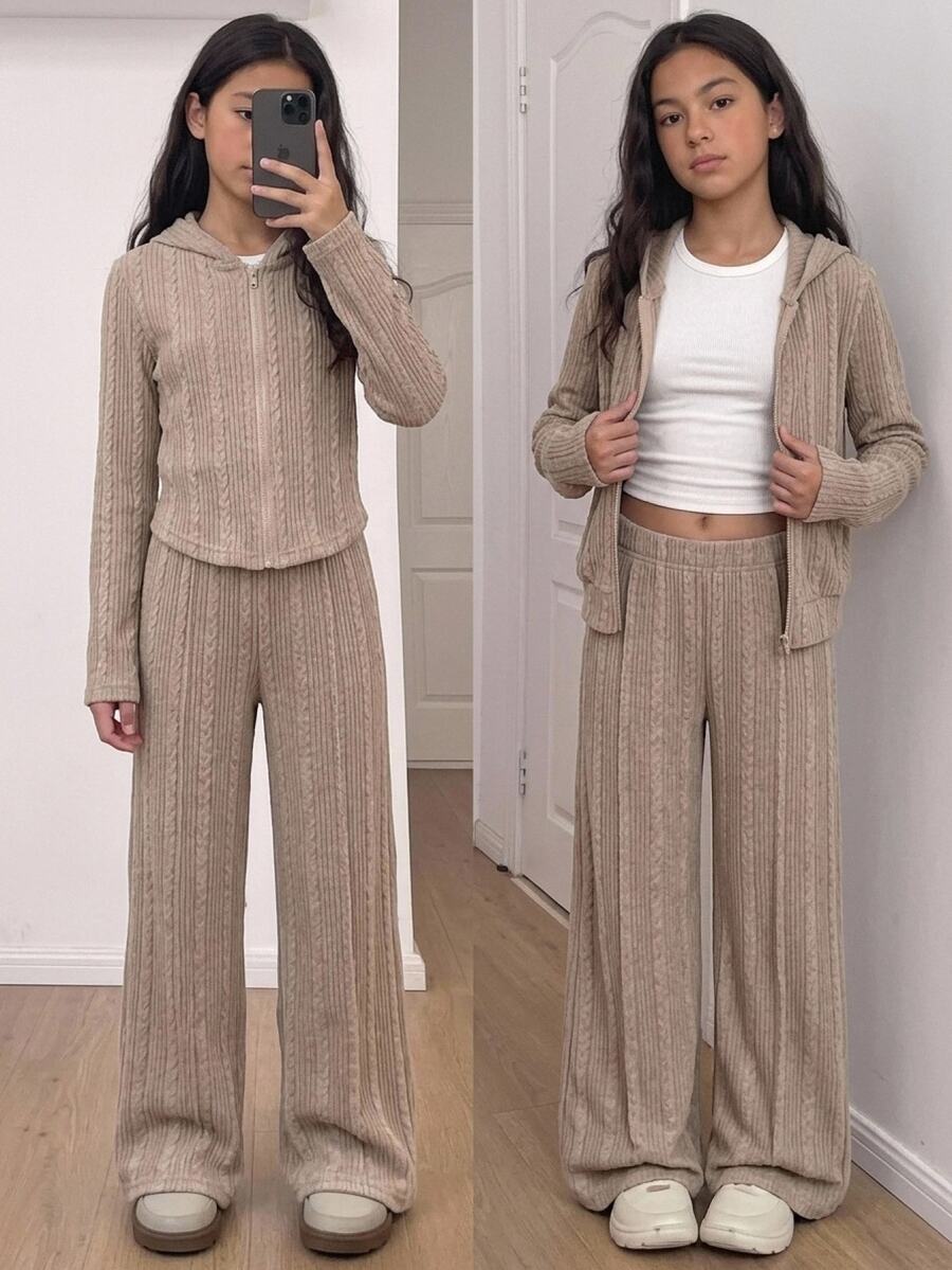 Tween Girls 2-Piece Set: Pale Yellow Plush Hooded Top And Wide Leg Pants Outfit, Suitable For Spring/Summer Daily Wear Fall/Winter Outfits - Yellow - View 1