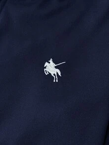 SHEIN 青少年女孩秋冬新款基礎街頭風休閒深藍色純色針織小Logo刺繡圖案連帽拉鍊修身運動外套，返校季 - 藏蓝色 - 查看 4