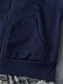 SHEIN 青少年女孩秋冬新款基礎街頭風休閒深藍色純色針織小Logo刺繡圖案連帽拉鍊修身運動外套，返校季 - 藏蓝色 - 查看 6