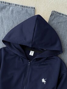 SHEIN 青少年女孩秋冬新款基礎街頭風休閒深藍色純色針織小Logo刺繡圖案連帽拉鍊修身運動外套，返校季 - 藏蓝色 - 查看 5