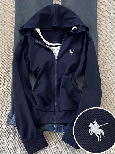 Girlism Teen Girl Teen Girls Sweatshirts Autumn/Winter New Basic Street Style Casual Navy Blue Solid Color Knit Small Logo Embroidered Pattern Zip-Up Hooded Slim Fit Sweatshirt Jacket, Back To School Season