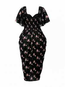 Lyrianda Plus Size Women's Sweetheart Square Neck Floral Print Chiffon Ruffle Short Sleeve Elegant Vintage Cute Romantic Vacation Midi Tulip Hem Dress - Black - View 2