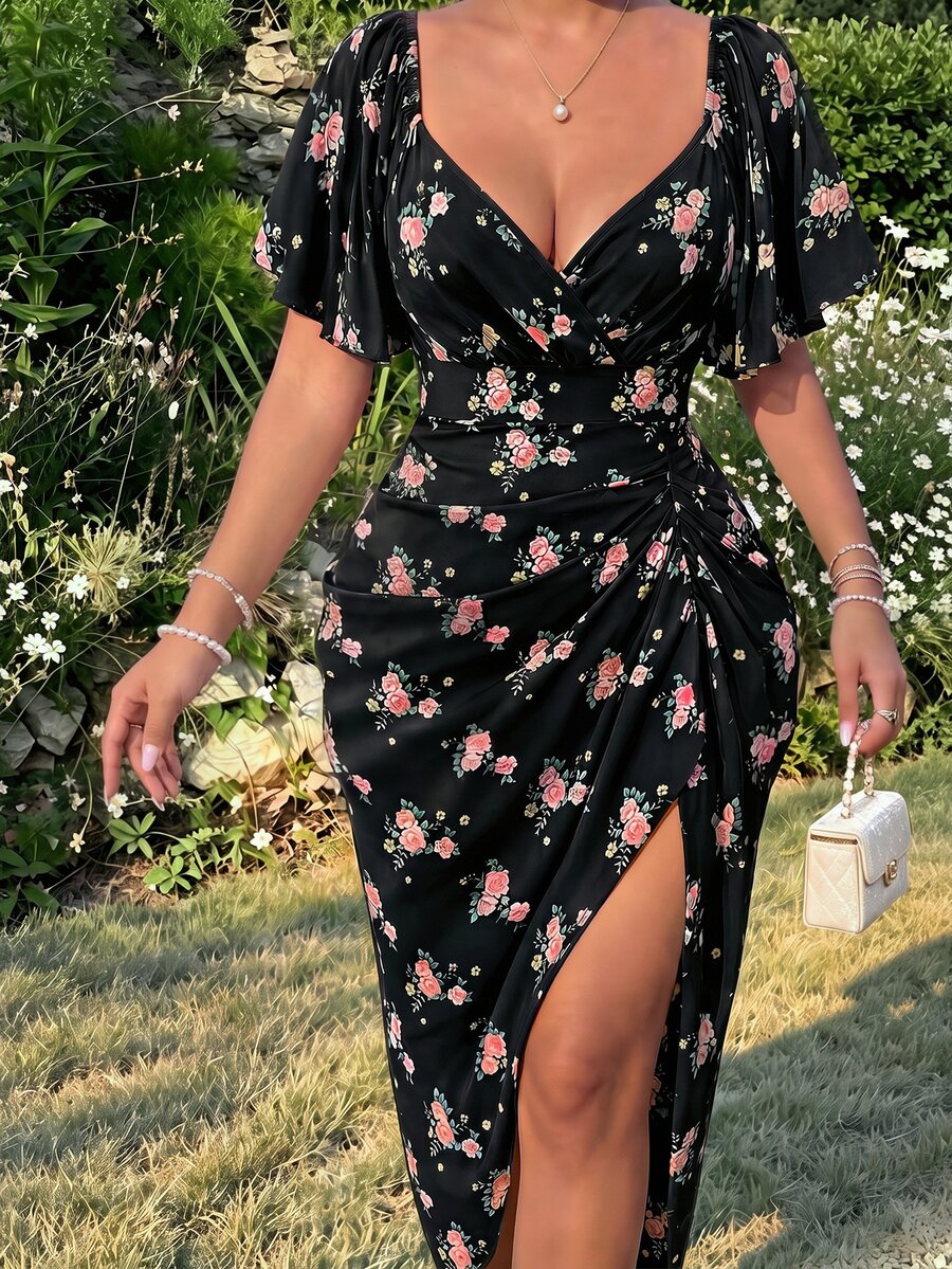 Lyrianda Plus Size Women's Sweetheart Square Neck Floral Print Chiffon Ruffle Short Sleeve Elegant Vintage Cute Romantic Vacation Midi Tulip Hem Dress - Black - View 1