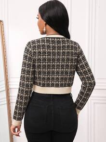 SHEIN Lady 1 件女士拼色修身短款开衫，格子图案，优雅秋冬 - 杏色 - 查看 6