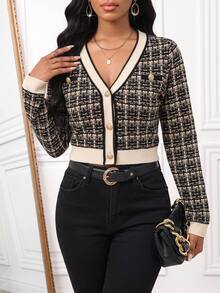 SHEIN Lady 1 件女士拼色修身短款开衫，格子图案，优雅秋冬 - 杏色 - 查看 2