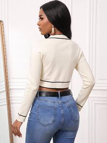 SHEIN Lady 白色开衫 撞色纽扣前开衫 秋冬长袖上衣 - 杏色 - 查看 3