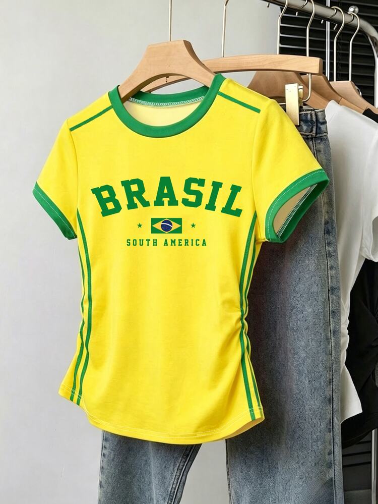 Teen Girls American Retro Brazilian Theme Print Side Cinched Waist Slim Fit Round Neck Short Sleeve T-Shirt, Suitable For Summer, Personalized T-Shirt, Yellow Green Color Block Striped Pattern T-Shirt, Suitable For Spring And Summer, Easy And Comfortable, Campus Outing Season, Campus Outing, Vibrant Wear, Daily Refresh, Comfortable And Easy To Wear, Easy Sports, Basic Style, Daily Fashion. - Multicolor - View 1