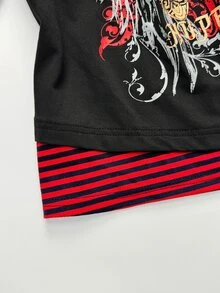 Sunspun Plus-Size Women's Casual Street Style Long-Sleeved Top With Cross Print And Black And Red Striped Color Blocking, Suitable For Spring And Autumn Wear. - Multicolor - View 5