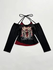Sunspun Plus-Size Women's Casual Street Style Long-Sleeved Top With Cross Print And Black And Red Striped Color Blocking, Suitable For Spring And Autumn Wear. - Multicolor - View 7