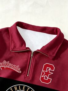 SHEIN 青少年女孩美式復古酒紅與米白色拼色半拉鍊連帽短版衛衣，適合秋冬，個性印花上衣，半拉鍊連帽短版衛衣，寬鬆俐落版型，日常穿著，休閒風格，舒適易穿，放鬆版型，極簡基礎款，日常休閒 - 彩色 - 查看 3
