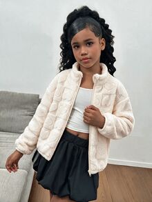SHEIN 女童休閒百搭愛心圖案毛絨長袖立領夾克外套，秋冬款 - 白色 - 查看 11