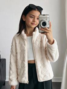 SHEIN 女童休閒百搭愛心圖案毛絨長袖立領夾克外套，秋冬款 - 白色 - 查看 8