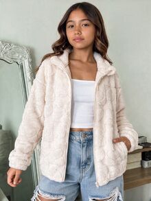 SHEIN 女童休閒百搭愛心圖案毛絨長袖立領夾克外套，秋冬款 - 白色 - 查看 7