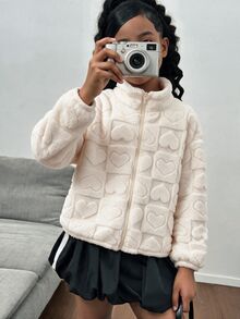 SHEIN 女童休閒百搭愛心圖案毛絨長袖立領夾克外套，秋冬款 - 白色 - 查看 4