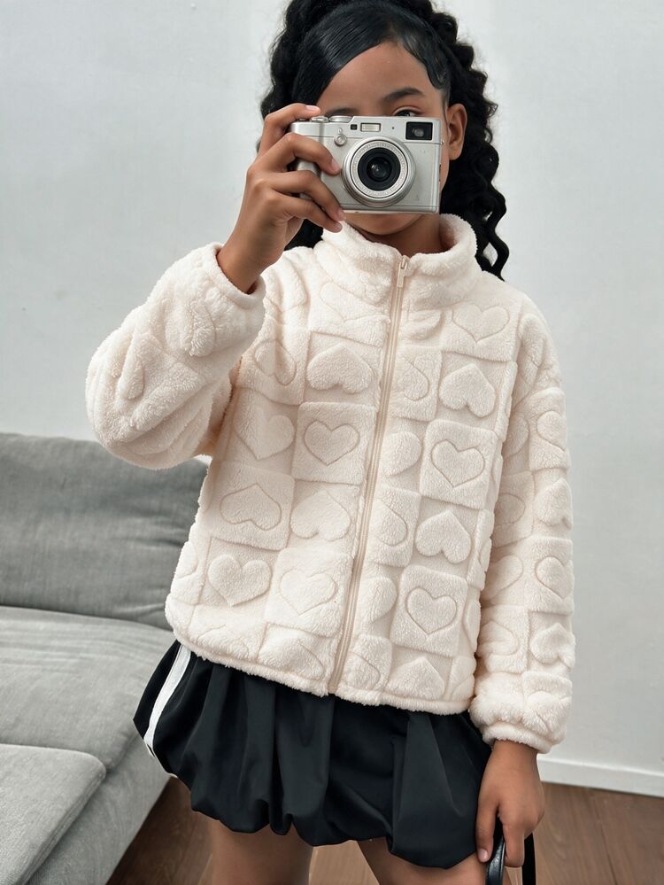 SHEIN Tween Girl Casual Versatile Kids Heart Pattern Fuzzy Long Sleeve Stand Collar Jacket , Fall/Winter - White - View 4