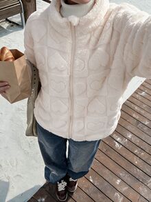 SHEIN 女童休閒百搭愛心圖案毛絨長袖立領夾克外套，秋冬款 - 白色 - 查看 6