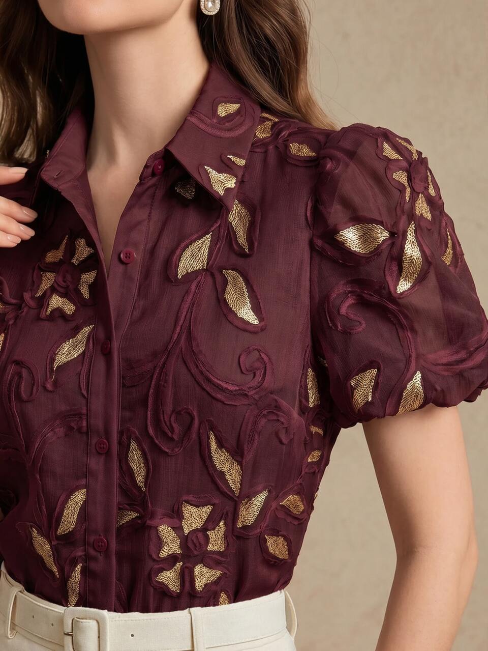 Anewsta Women's New Spring/Summer Casual Premium Fashion Lace Trim Sequin Chiffon Short Sleeve Puff Sleeve Stand Collar Blouse For Daily Wear