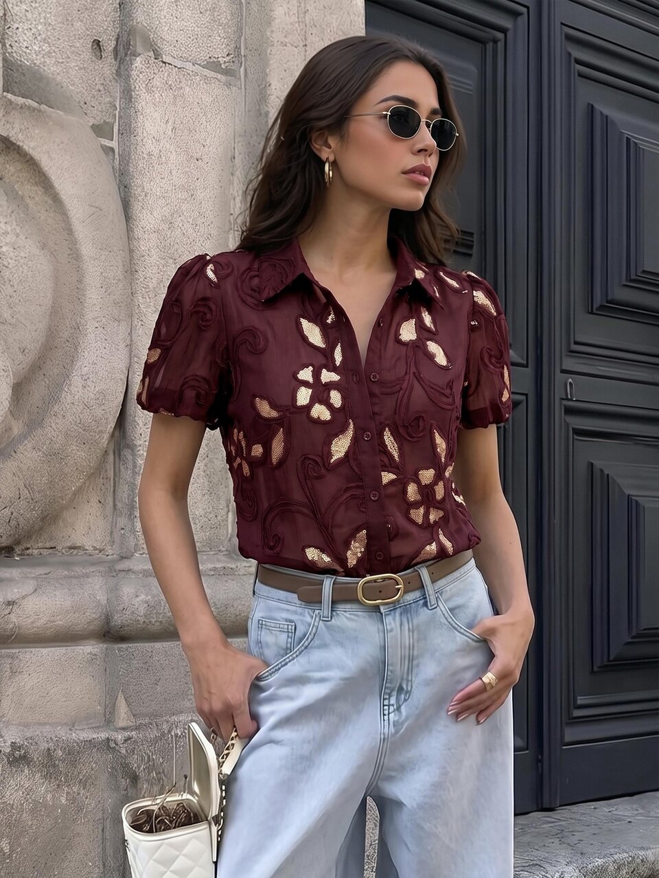 Anewsta Women's New Spring/Summer Casual Premium Fashion Lace Trim Sequin Chiffon Short Sleeve Puff Sleeve Stand Collar Blouse For Daily Wear