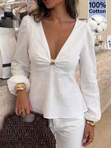 Serisse Women's Casual Versatile Solid Color Lantern Sleeve Blouse Elegant - White - View 1