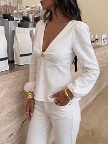 Serisse Women's Casual Versatile Solid Color Lantern Sleeve Blouse Elegant - White - View 4