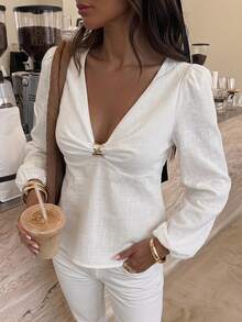 Serisse Women's Casual Versatile Solid Color Lantern Sleeve Blouse Elegant - White - View 3
