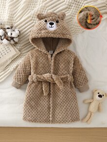 Newborn Khaki Jacquard Plush Animal Expression Embroidered Long Sleeve Sleepwear Autumn/Winter Festival Outfits - Khaki - View 5