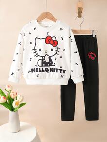 HELLO KITTY AND FRIENDS | SHEIN 女童圓領蝴蝶結印花長袖運動衫與長褲套裝，適合外出、購物與日常穿著 - 彩色 - 查看 3