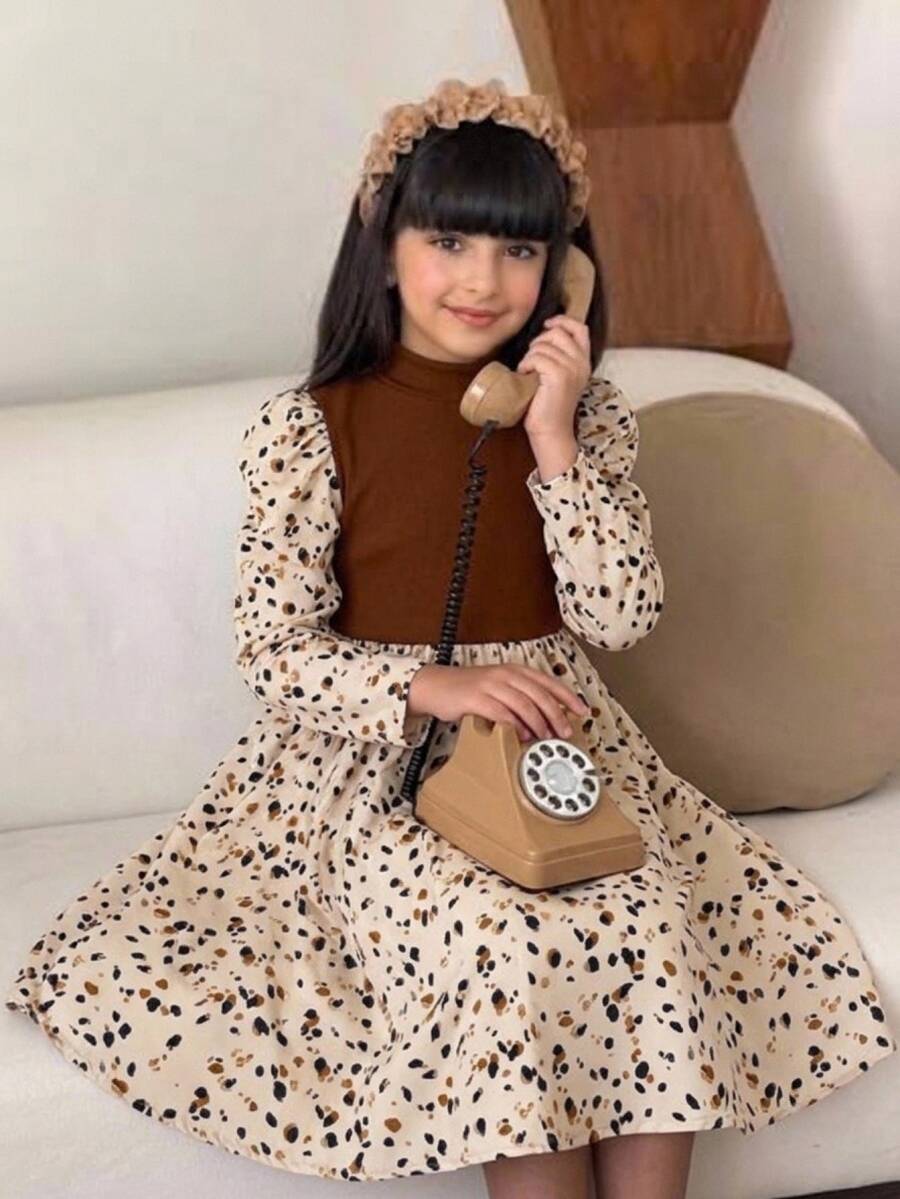少女甜美公主風清新可愛拼色中長洋裝,圓領長袖,適合生日派對 - 彩色 - 查看 1