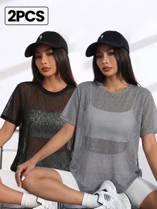 SHEIN Velisys 女款圓領短袖網布日常健身運動T恤 - 彩色 - 查看 1