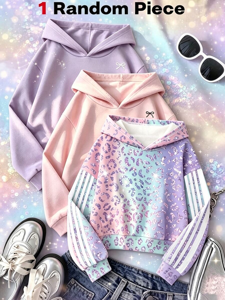 SHEIN Sparklyn 少女夢幻漸層豹紋抓絨內裡帽 T,舒適秋冬穿搭,針織寬鬆 Y2K 風格,開學季,隨機 1 件 - 彩色 - 查看 1