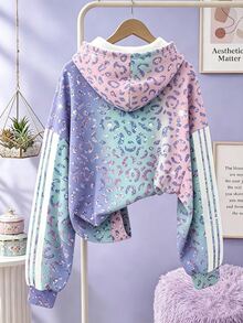 SHEIN Sparklyn 少女夢幻漸層豹紋抓絨內裡帽 T，舒適秋冬穿搭，針織寬鬆 Y2K 風格，開學季，隨機 1 件 - 彩色 - 查看 2