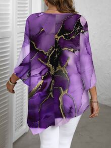 EMERY ROSE Plus Size Casual Marble Ink Texture Pattern Round Neck Long Sleeve Shirt, Suitable For Spring/Autumn Chic Blouses For Women Fall - Multicolor - View 2