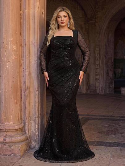 Aureia فستان سهرة فاخر أنيق بمقاس كبير باللون الأسود مزين بالترتر والخرز، شفاف بأكمام طويلة وياقة غير متماثلة، مجعد بقصة ضيقة وذيل حورية البحر مع كشكشة جانبية وتفاصيل مرقعة، مزخرف بكثافة، مناسب للزفاف والفعاليات والحفلات والرقص والعشاء الرسمي وفستان أم العروس