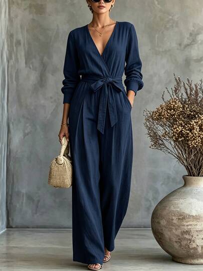 SHEIN Autumn Women Solid Navy Surplice V Neck Jumpsuit Self Tie Belt Long Sleeve Relaxed Wide Leg Romper Commute & Weekend Outfit,Outing Street